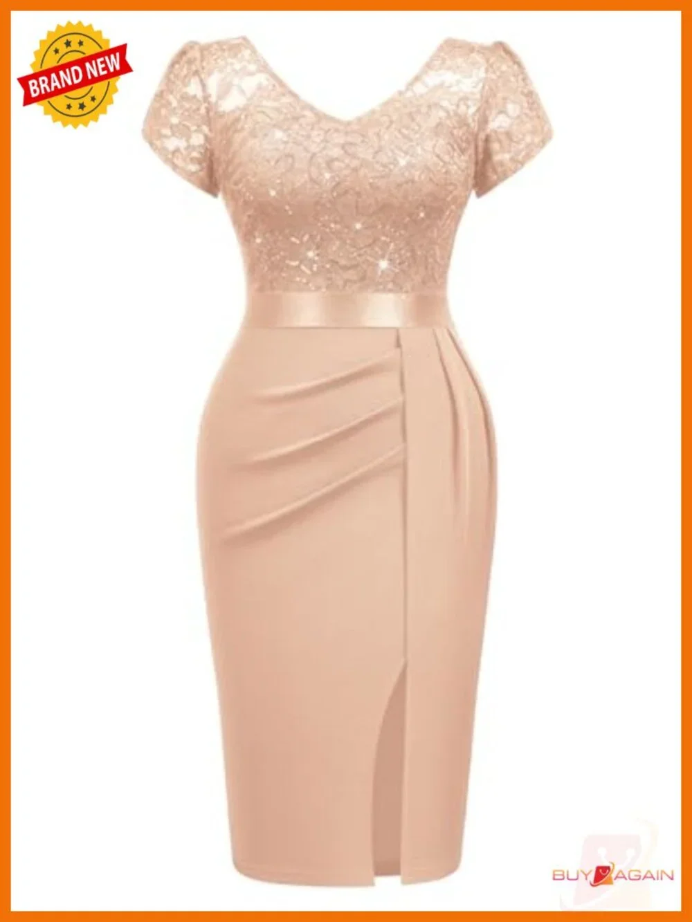 V-Neck Sequin Lace Cocktail Party Dress Puff Sleeve Knee Length